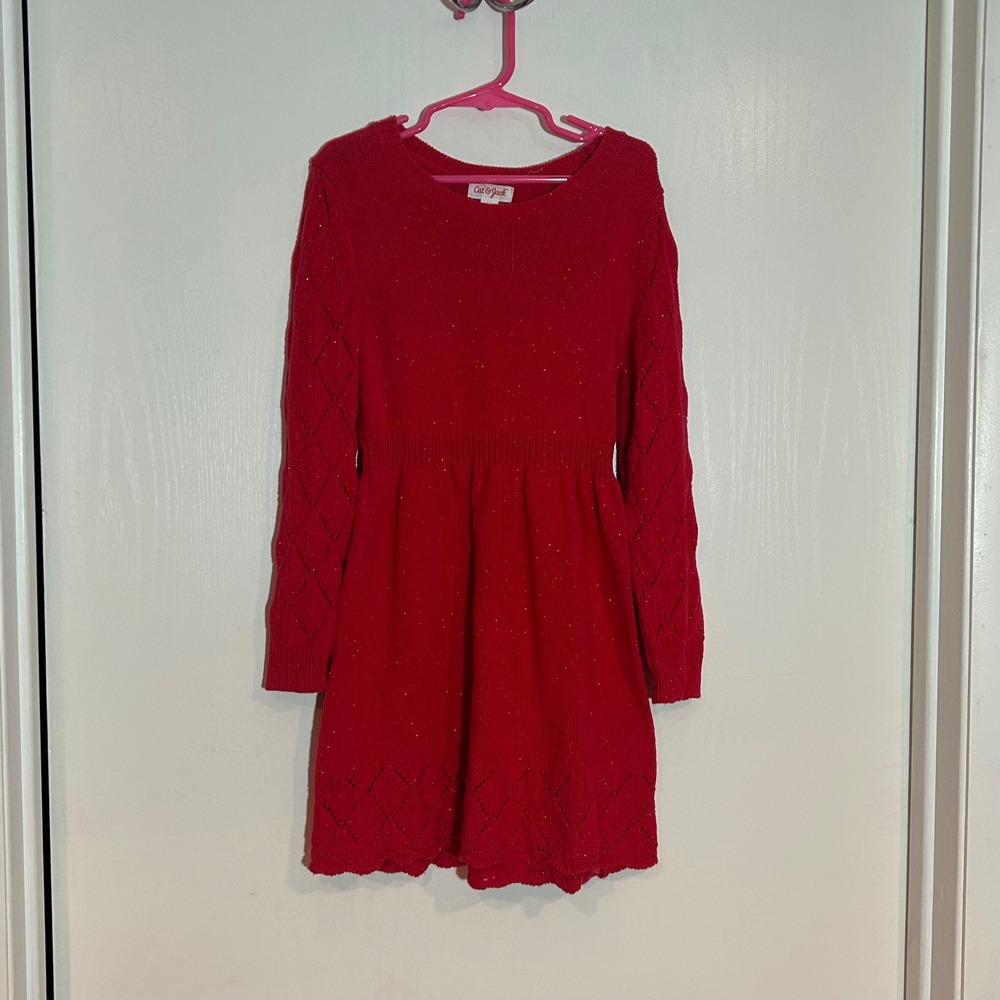 Cat & Jack Girls Red Sparkle Knit Sweater Dress Long Sleeve Pointelle 5T